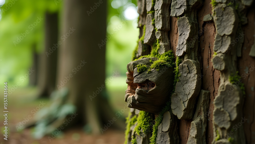 Obraz premium Nature's Artistry A Textured Tree Trunk with a Mossy Growth Mimicking a Face in a Serene Forest Setting