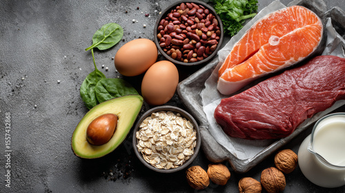 Overhead image of high-protein natural food items on a grey surface