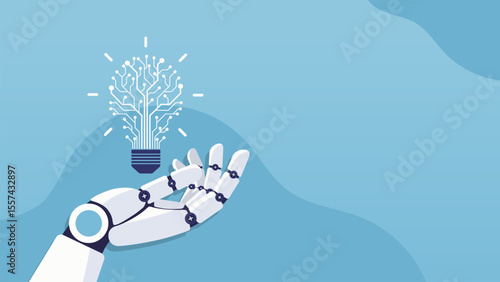 Robotic hand holding a circuit bulb. AI hands concept in the flat cartoon style. Artificial intelligence and Machine learning. Big data and deep learning technology concept. Vector illustration.