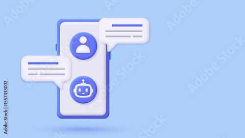 3D smartphone online chatbot app with messages. Artificial intelligence technology concept. Automation support chatting with bot. Customer support service AI. Trendy and modern vector in 3d style.