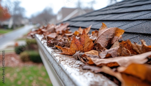 Fallen autumn leaves clog a home's gutter