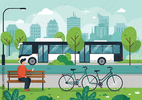 Man using phone on park bench, bicycles parked nearby, city bus in background.