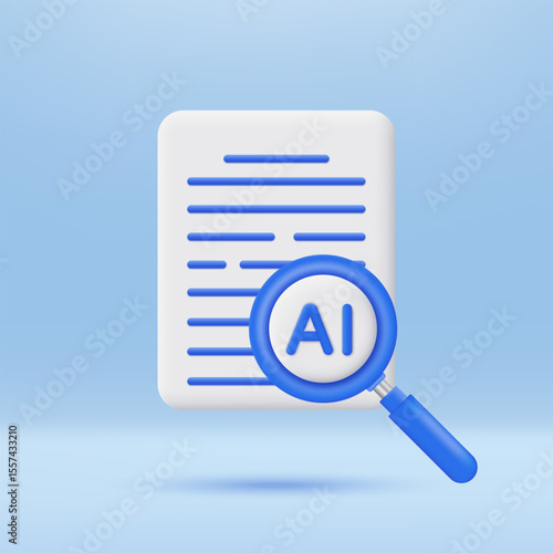 3D Document with Magnifying Glass and AI icon. Shows the use of AI technology to search. Artificial intelligence technology Concept. Minimalist cartoon icon.Trendy and modern vector in 3d style.