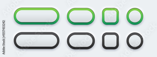 3D white plastic rectangle button with neon light isolated on background. Elegant neumorphic buttons. Element for website, mobile app and navigation. Neumorphism design style. Vector illustration.