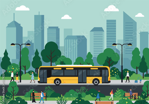 A yellow bus travels through a city park, with pedestrians walking nearby.