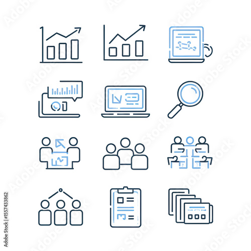 Business analytics and teamwork icon set featuring charts, graphs, laptop, magnifying glass, presentation, people, meeting, organization hierarchy, clipboard, and report stack in blue outline