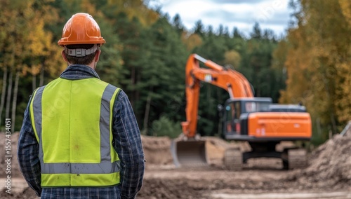 Fototapeta Naklejka Na Ścianę i Meble -  Construction worker watches excavator