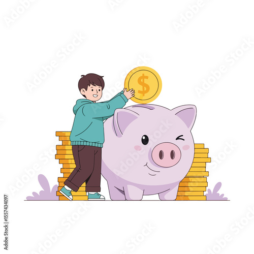 Vector of a little boy saving money
