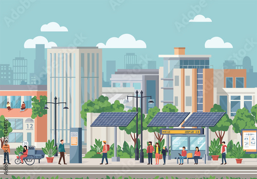A vibrant illustration of a modern urban landscape with people interacting.