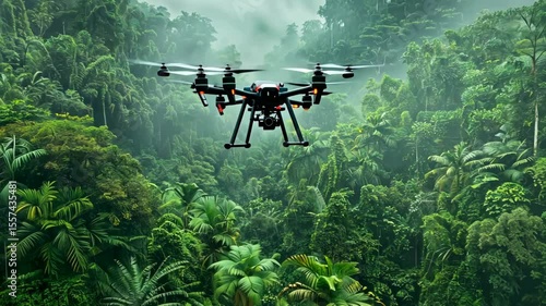 military reconnaissance drone flying over dense forest during surveillance mission, concept of security technology, defense industry, aerial surveillance