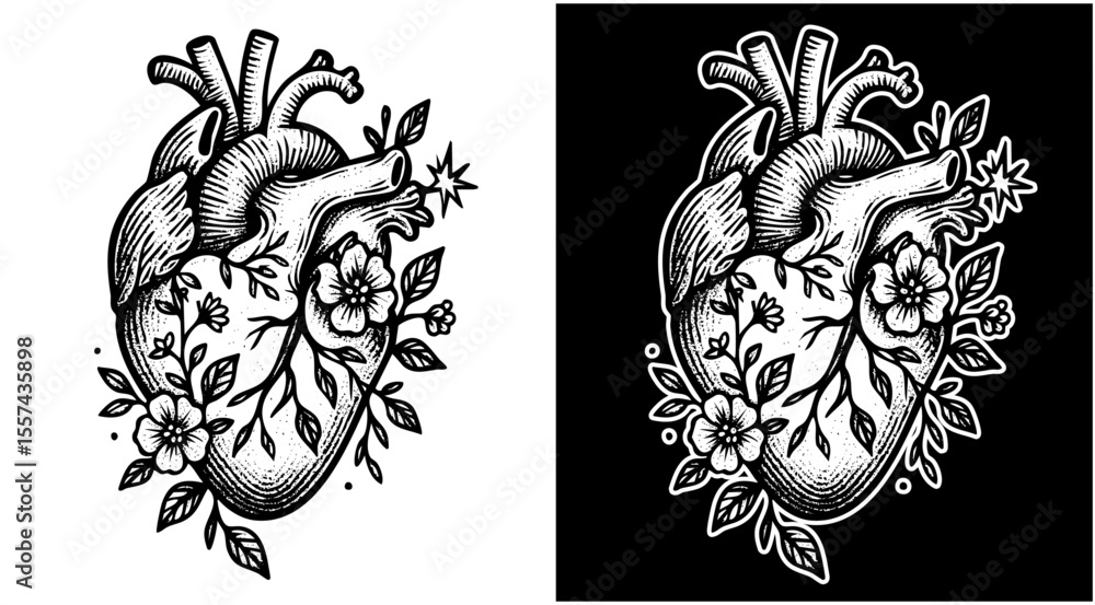 Obraz premium Anatomical Heart Floral Tattoo
