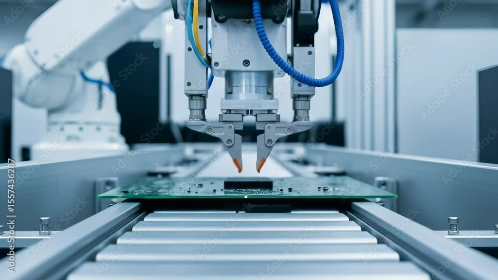 precise robotic arm places an electronic component onto a green circuit board on an automated manufacturing conveyor belt. precise robotic arm places an electronic component onto a green circuit board on an automated manufacturing conveyor belt.