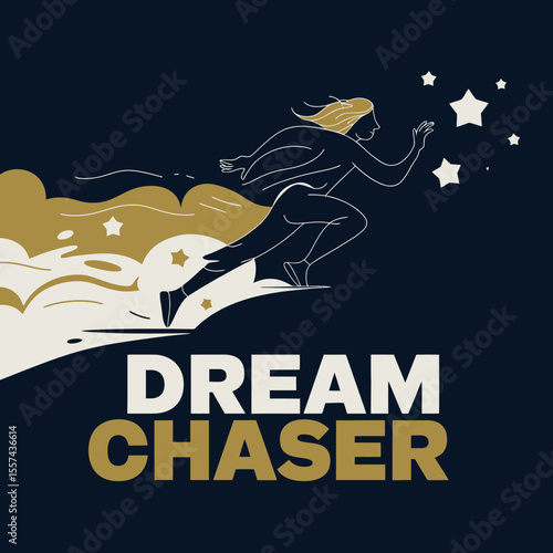 A stylized illustration of a person running towards stars with the words dream chaser below symbolizing ambition and aspiration