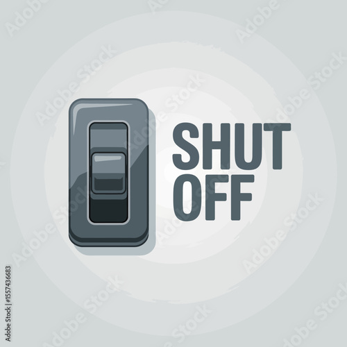A single light switch in the off position next to the words shut off representing power control and disconnection