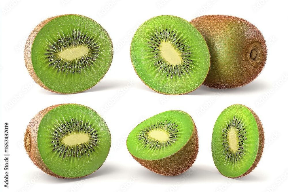 Fototapeta premium Set of Kiwi fruit, whole and sliced kiwi isolated on white background