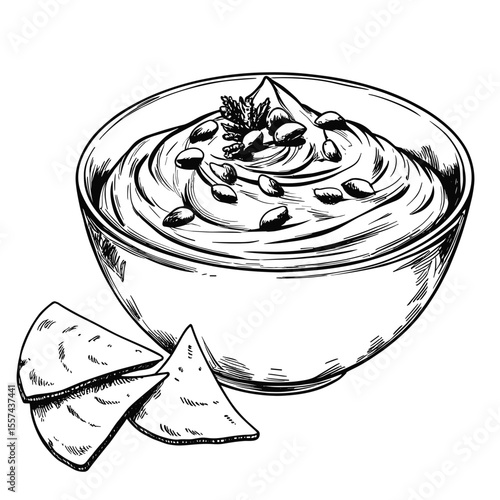 Hummus dip served in a bowl with pita chips on the side,  white background, summer cafe menu, vector