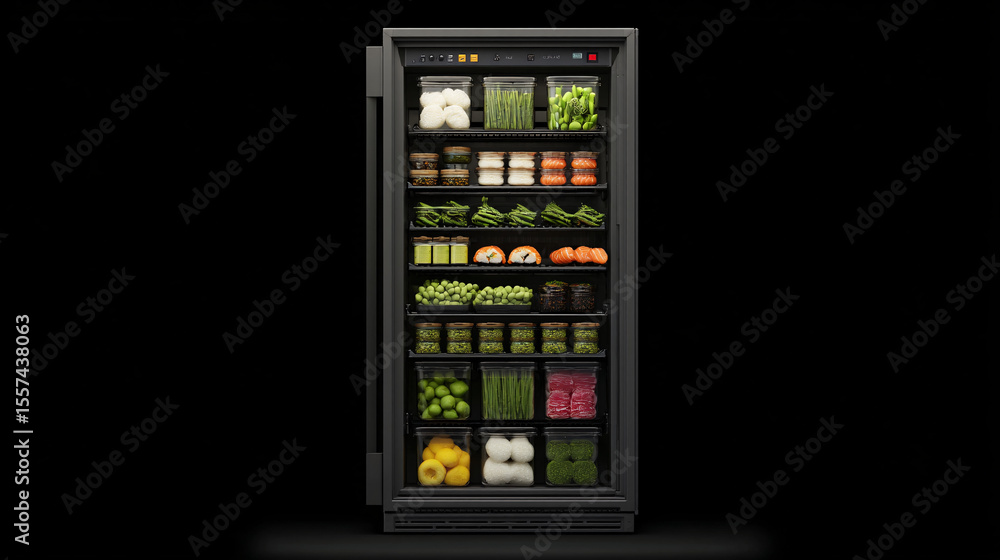 Matte Black Commercial Refrigerator Filled with Fresh Sushi and Vegetables Matte Black Commercial Refrigerator Filled with Fresh Sushi and Vegetables