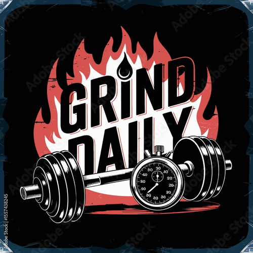 Motivational fitness graphic with the words grind daily in bold lettering surrounded by flames featuring a dumbbell and a stopwatch symbolizing dedication and hard work in training