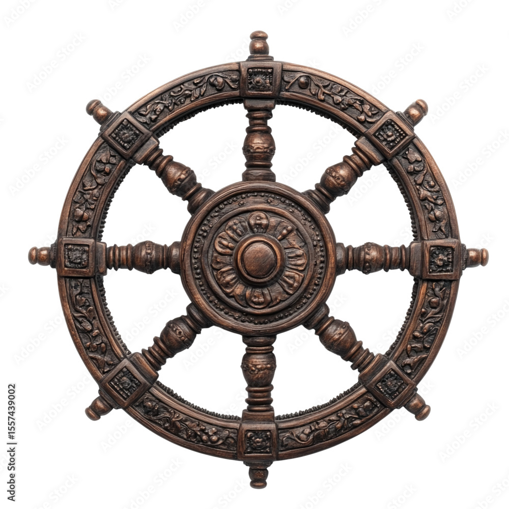 Obraz premium Vintage decorative ship's wheel with intricate carvings and a dark bronze finish cutout isolated on transparent bg, png