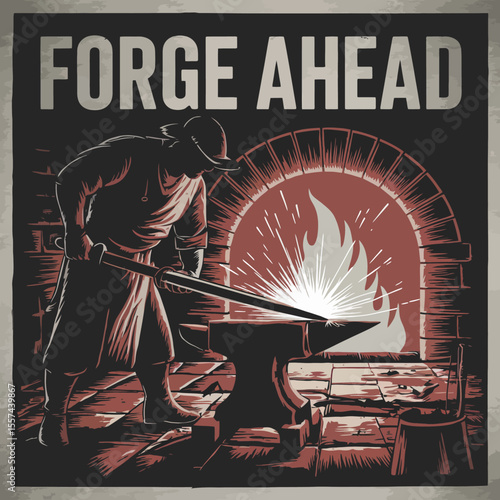 A skilled blacksmith works diligently at his anvil under the glow of a fiery forge shaping metal with a hammer embodying the spirit of progress and determination