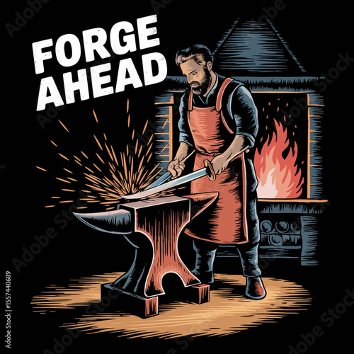 A determined blacksmith with a beard wearing an apron works on a glowing sword on an anvil in a forge with a roaring fire and sparks flying