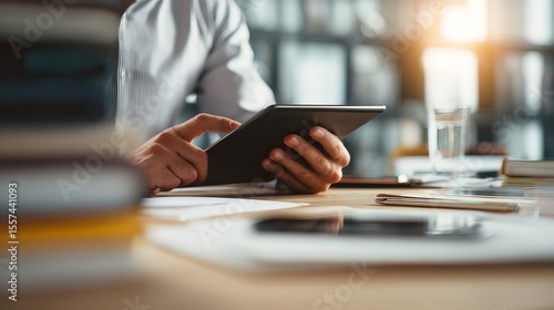 Wallpaper Mural A person in a business setting using a digital tablet, surrounded by documents, with soft natural light in the background. Torontodigital.ca
