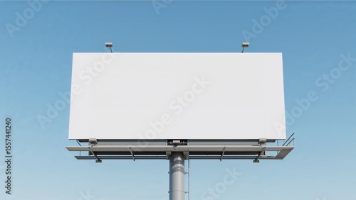 White billboard sign, 3D realistic advertisement with blank space. Blank white banner mockup on a big billboard. Empty bill board mock up isolated on gradient blue sky. Large outdoor billboard screen.