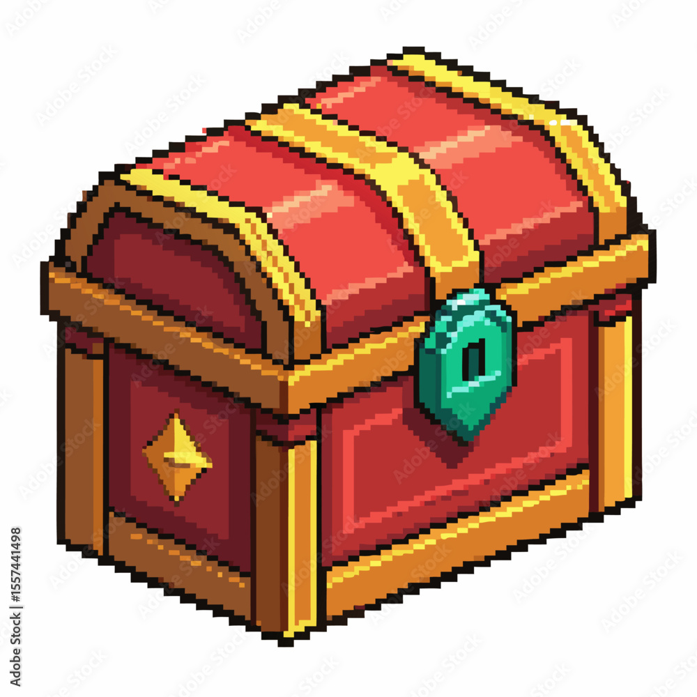 Pixel Art Treasure Chest in Vibrant Red with Gold Trim and Green Lock Pixel Art Treasure Chest in Vibrant Red with Gold Trim and Green Lock
