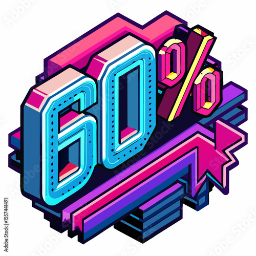 Colorful 60% Text with Upward Arrow in Retro Futuristic Style
