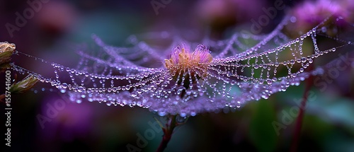A purple flower with a spider web of water droplets on it