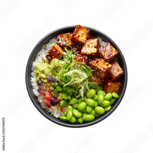 Delicious Tofu Poke Bowl with Rice, Avocado, Edamame, and Sesame Seeds