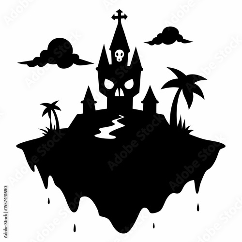 Spooky Floating Island Silhouette with Haunted Castle and Creepy Skull Design