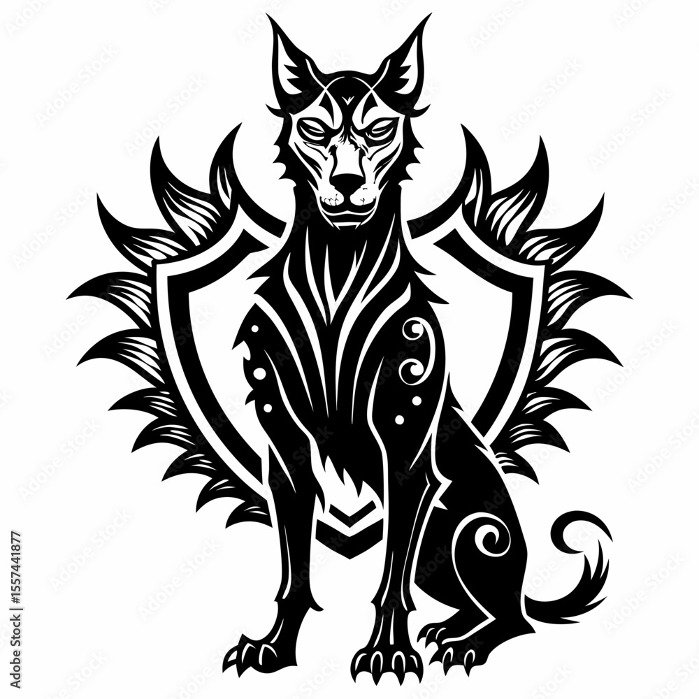 Intricate Tribal Canine Design with Bold Geometric Patterns and Symmetrical Details Intricate Tribal Canine Design with Bold Geometric Patterns and Symmetrical Details