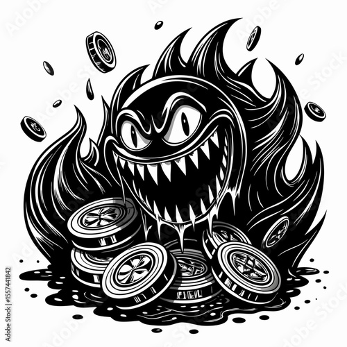 Grinning Fiery Monster with Coins   Dramatic Black and White Illustration