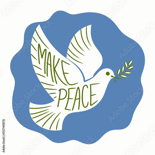 A white dove with the words make peace written on its wings carries an olive branch in its beak against a blue background
