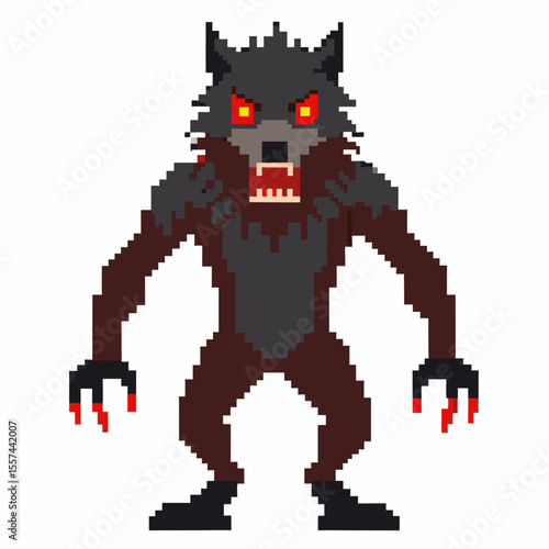 Pixel Art Werewolf with Red Eyes and Claws in Retro Video Game Style