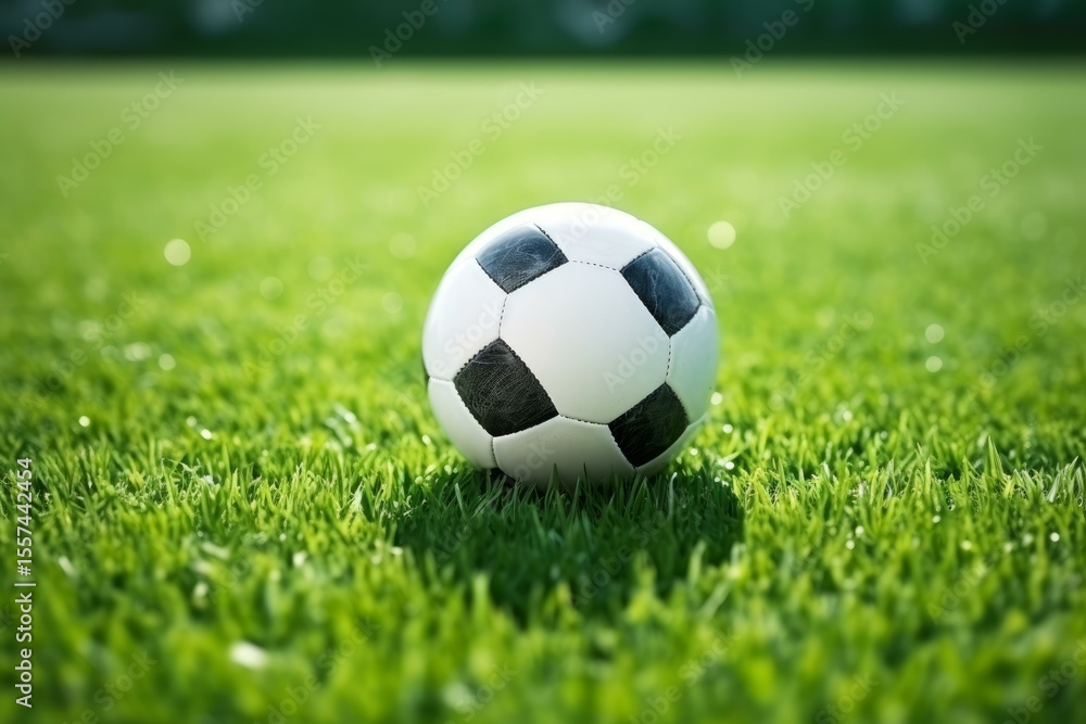 Fototapeta premium Classic soccer ball sits on a vibrant green playing field, awaiting the start of a match