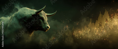 Stock market bull trading up, bullish. Symbolizing rising stock market, uptrend. Green colored. Abstract, modern concept of wall street business, bull market trader, crypto currency trading.