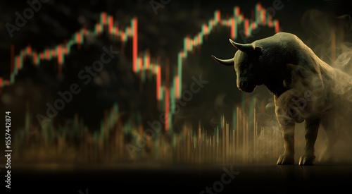 Stock market bull trading up, bullish. Symbolizing rising stock market, uptrend. Abstract, modern concept of wall street business, bull market trader, crypto currency trading.