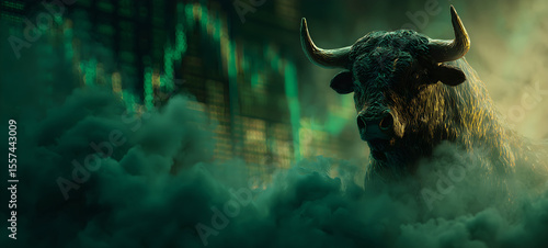 Stock market bull trading up, bullish. Symbolizing rising stock market, uptrend. Green colored. Abstract, modern concept of wall street business, bull market trader, crypto currency trading.