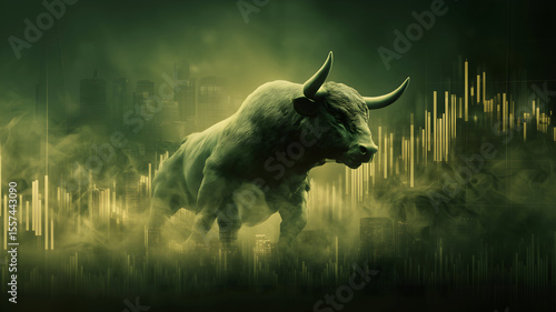 Stock market bull trading up, bullish. Symbolizing rising stock market, uptrend. Green colored. Abstract, modern concept of wall street business, bull market trader, crypto currency trading.