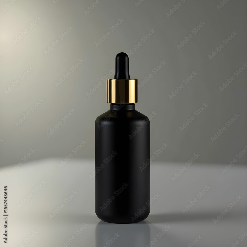 Black Mockup of serum bottle with gold accents essential oil dropper cosmetic product design Black Mockup of serum bottle with gold accents essential oil dropper cosmetic product design