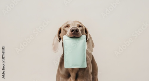 Dog holding a blank product pouch, A Weimaraner with a mint colored package looking blissfully happy, eyes closed