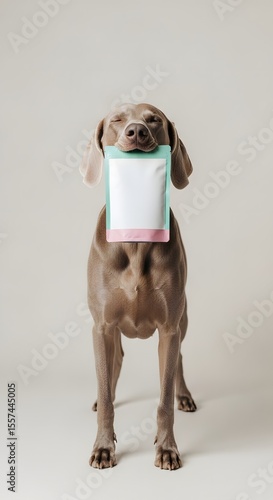 Dog Holding Blank Pouch Package in Mouth, Pet Weimaraner Holds Treat or Food Package with Blank Space for Logo