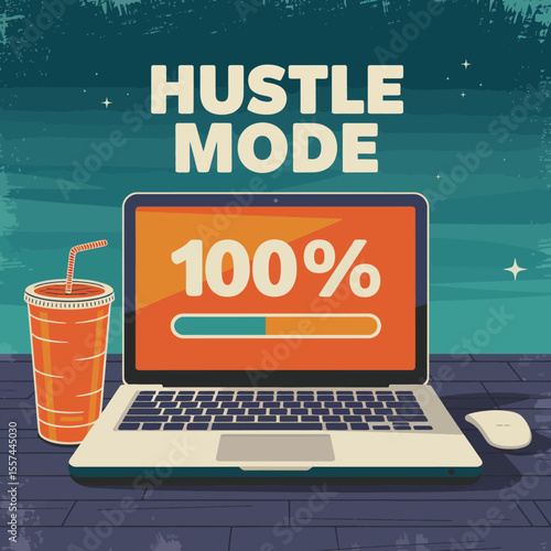 Hustle mode activated laptop with 100 percent progress bar and refreshing drink on a wooden desk under a starry night sky