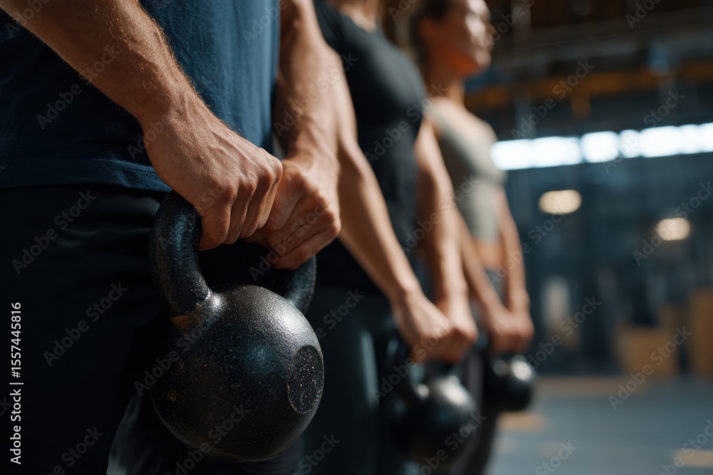 Fototapeta premium Close up of hands gripping kettlebells, showcasing strength and determination in fitness environment. focus on kettlebells highlights intensity of workout