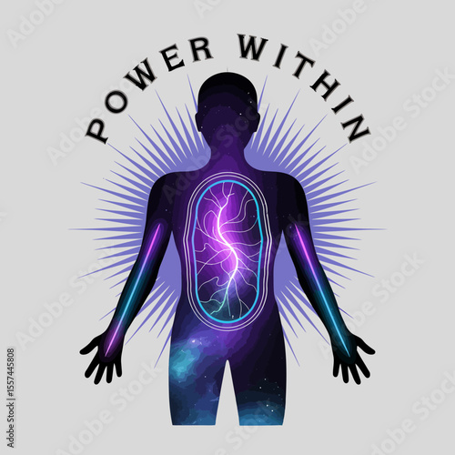 Human silhouette filled with a vibrant galaxy and glowing internal energy representing inner power and strength with radiating light