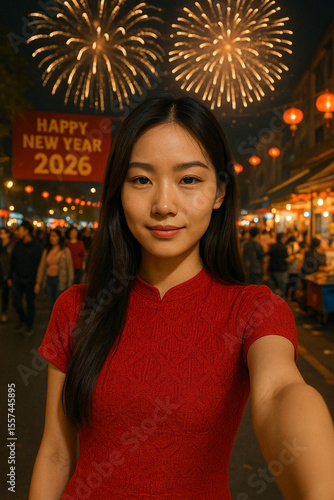 Beautiful Asian woman taking selfie in the middle of Chinese New Year celebration 2026