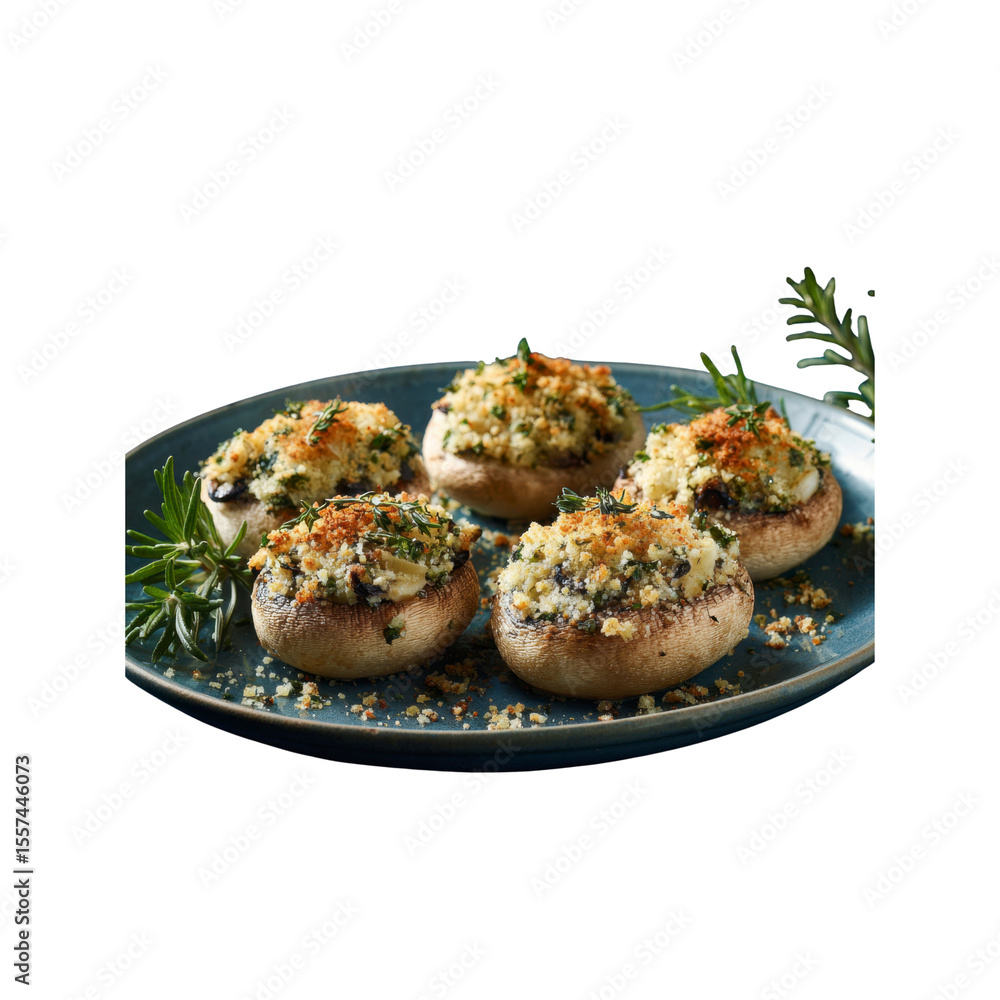 Delicious Baked Stuffed Mushrooms with Herb Crumble Topping on Rustic Plate Delicious Baked Stuffed Mushrooms with Herb Crumble Topping on Rustic Plate