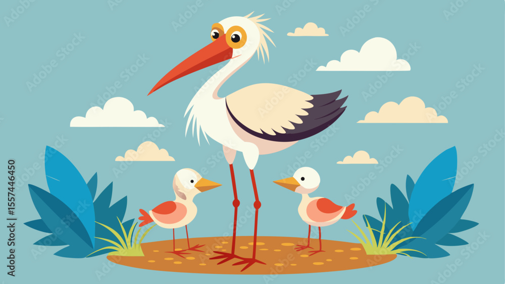 Fototapeta premium Cartoon stork with fluffy feathers and two chicks standing on ground with plants and clouds in background